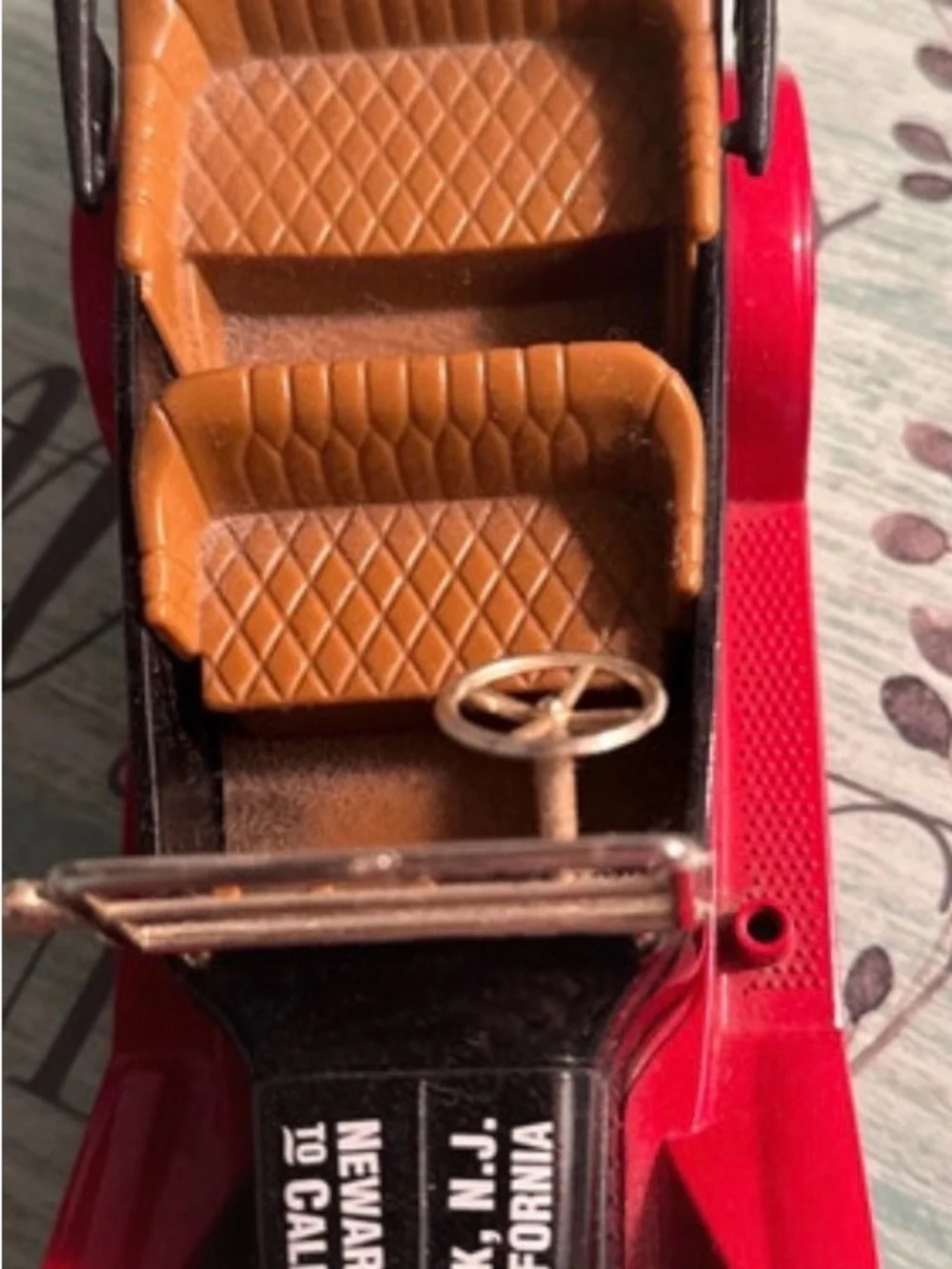 Vintage-Style Red & Black Toy Car with Brown Seats